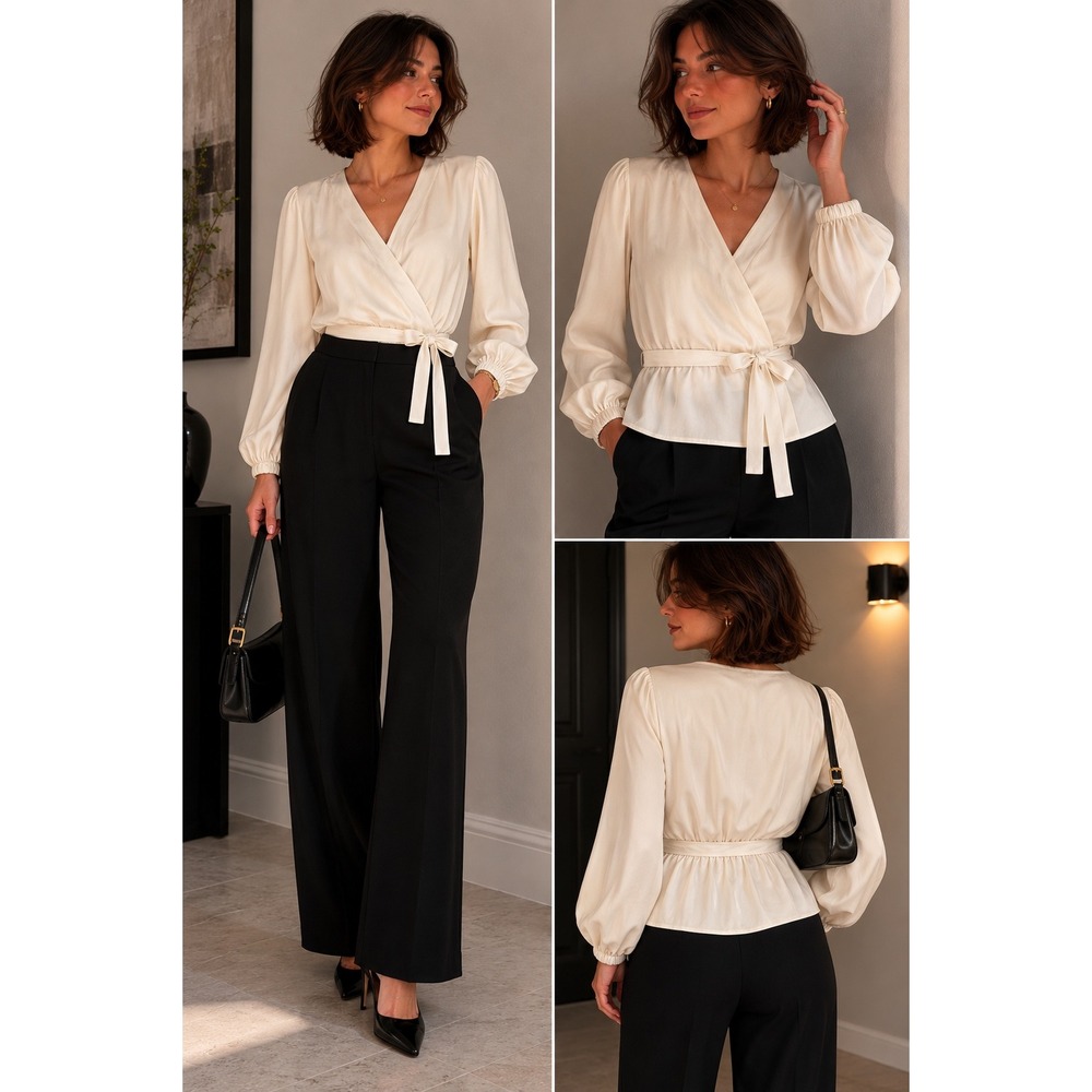 J.Crew Mercantile Faux Wrap Blouse Long Sleeve 8 Ivory